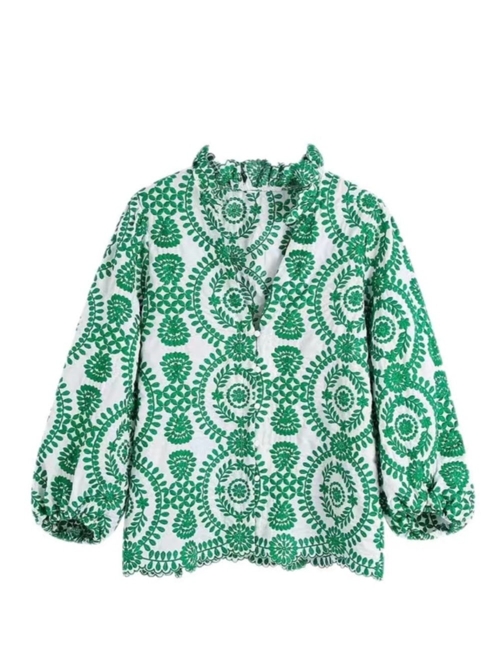 Green and White Embroidered Peasant Blouse